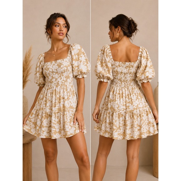 Mango Dresses & Skirts - Mango MNG Floral Smocked Puff Sleeve Mini Dress Mustard Yellow White Size S